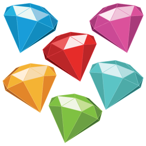 A blue, orange, red, green, teal and purple gem