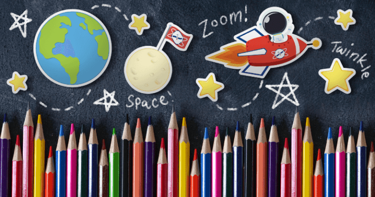 A space rocket and planets next to some colorful pencils