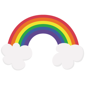 A brightly colored rainbow connected by two fluffy clouds