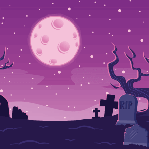A spooky graveyard with tombstones, dead trees and big purple moon