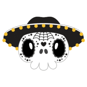 A skull wearing a black and yellow dotted sombrero