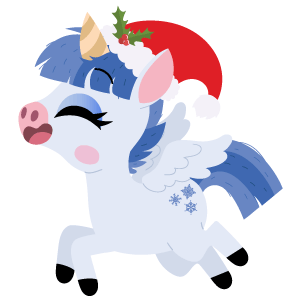 A blue fantasy unicorn wearing a red Christmas hat