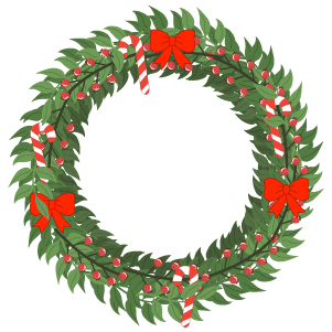 A candy cane, leaf and red ribbon Christmas wreath