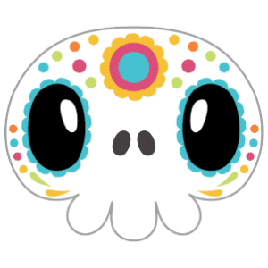 A skull decorated with colorful dots and a floral design