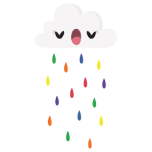 A raincloud with a cute face raining rainbow drops