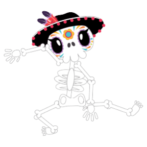 A skeleton wearing a sombrero while dancing