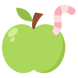 A green apple with worm sticking out of it