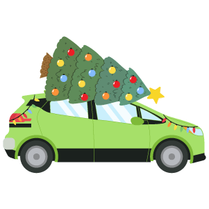 A modern car with a Xmas tree tied to its roof