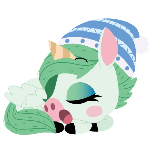 A green fantasy unicorn asleep wearing a cold weather hat