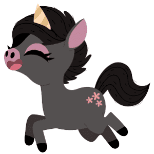 A cheerful black unicorn runinng