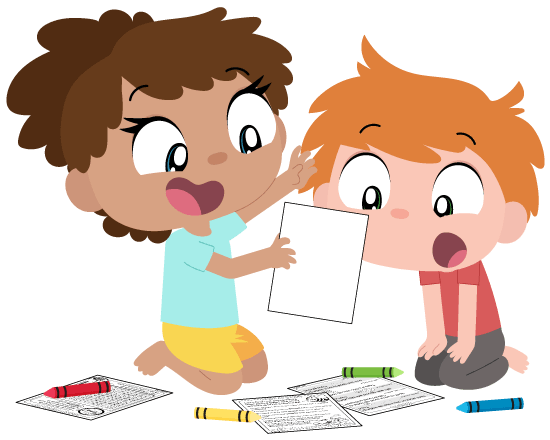 A boy and girl intrigued some activity sheets
