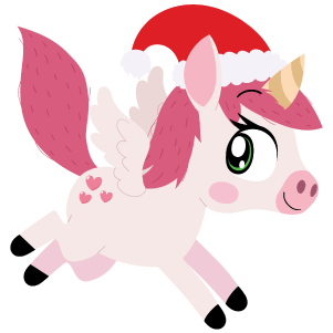 A pink fantasy unicorn wearing a Santa hat