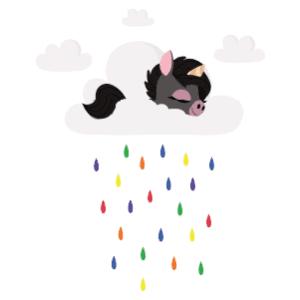 A black unicorn sleeping in a cloud raining rainbow raindrops