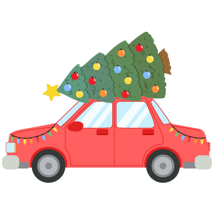 A old red car carrying a Christmas tree