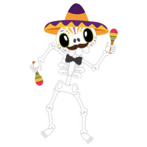 A skeleton wearing a purple and yellow sombrero while shaking a pair of maracas