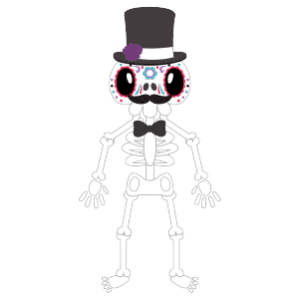 A skeleton wearing a top hat with a purple rose in it