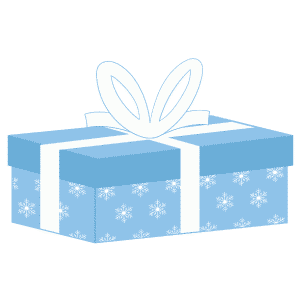 A flat blue Christmas gift covered in snowflakes