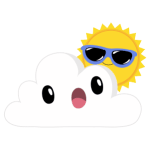 A sun wearing sun shades behind a surprised looking cloud