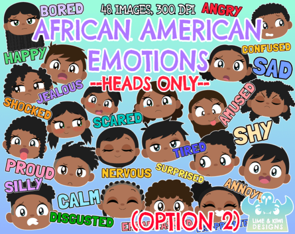 African American Kids Emotions - Heads Only (Option 2) Clipart Pack