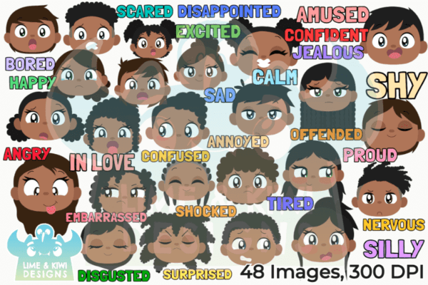 African American Kids Emotions - Heads Only (Option 2) Clipart Pack All Images