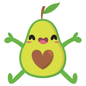 A happy avocado girl with heart seed