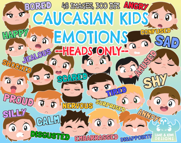 Caucasian Kids Emotions - Heads Only Clipart Pack