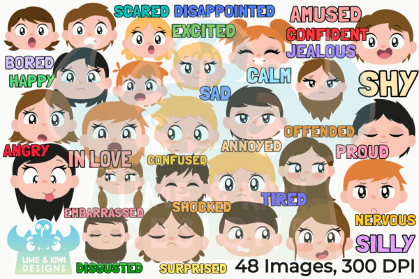 Caucasian Kids Emotions - Heads Only Clipart Pack All Images