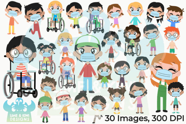 Everyday Kids With Face Masks Clipart Pack All Images