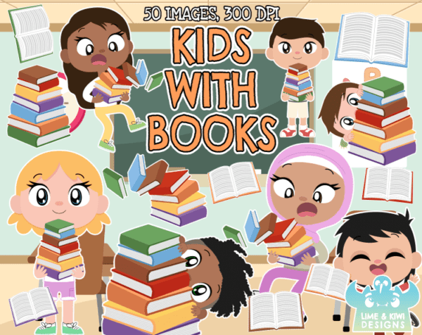 Kids With Books Clipart Pack