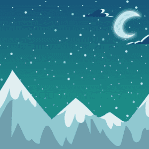 Some snowy mountains at night with the moon in the background