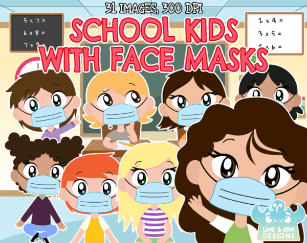 School Kids With Face Masks Clipart Pack