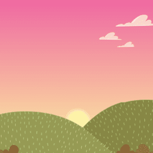 Two grassy hills with the sun setting behind them